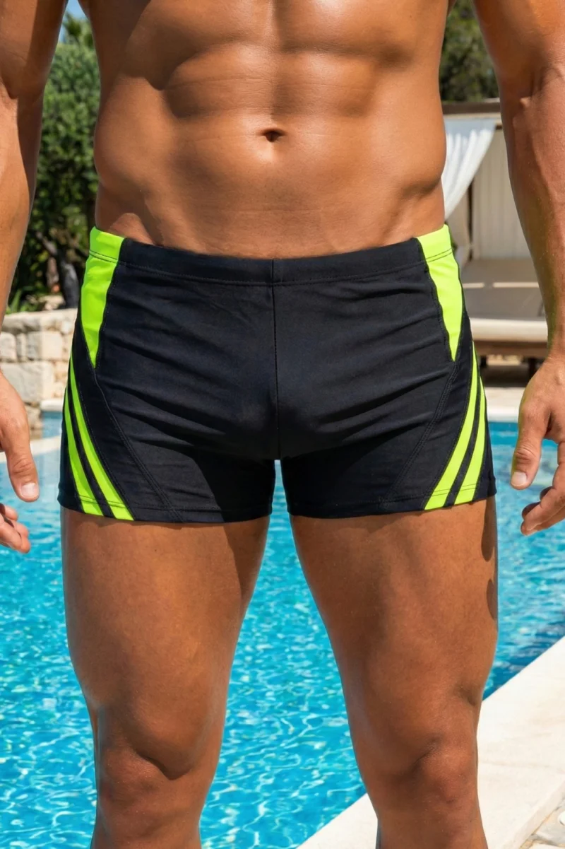 Slip de baie barbati tip boxeri, cu snur si buzunar cu fermoar negru neon Q328