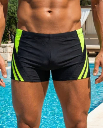 Slip de baie barbati tip boxeri, cu snur si buzunar cu fermoar negru neon Q328