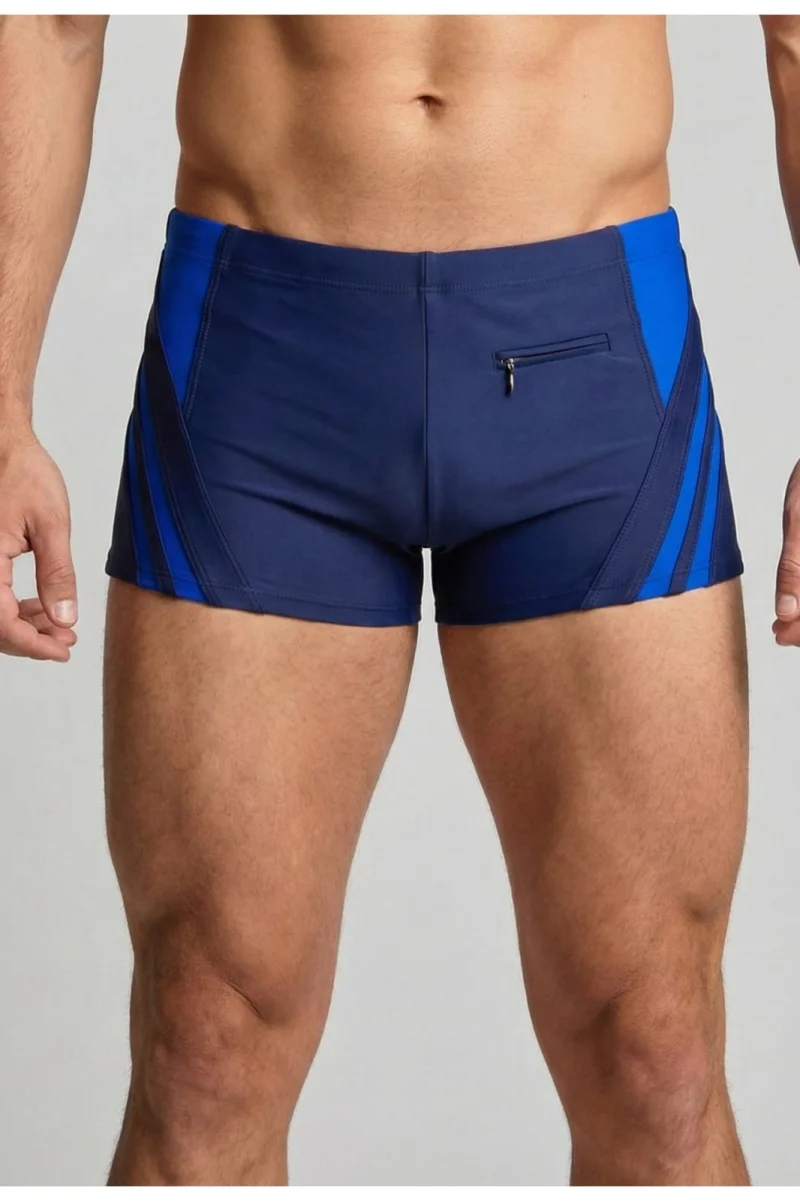 Slip de baie barbati tip boxeri, snur si buzunar cu fermoar bleumarin albastru Q328