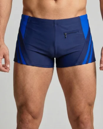 Slip de baie barbati tip boxeri, snur si buzunar cu fermoar bleumarin albastru Q328