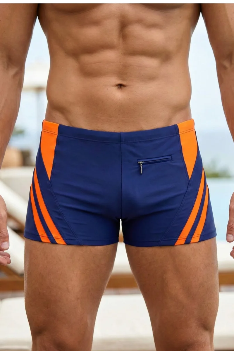 Slip de baie barbati tip boxeri, snur si buzunar cu fermoar bleumarin orange Q328