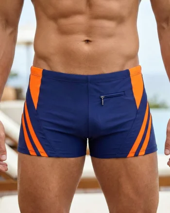 Slip de baie barbati tip boxeri, snur si buzunar cu fermoar bleumarin orange Q328