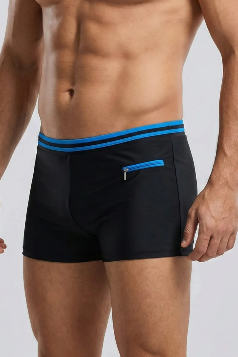 Slip de baie barbati boxeri, snur si buzunar cu fermoar negru blue Q325