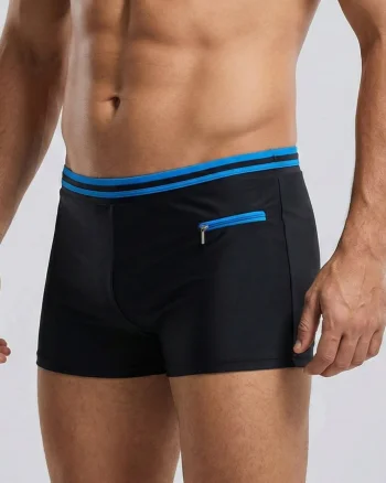 Slip de baie barbati boxeri, snur si buzunar cu fermoar negru blue Q325