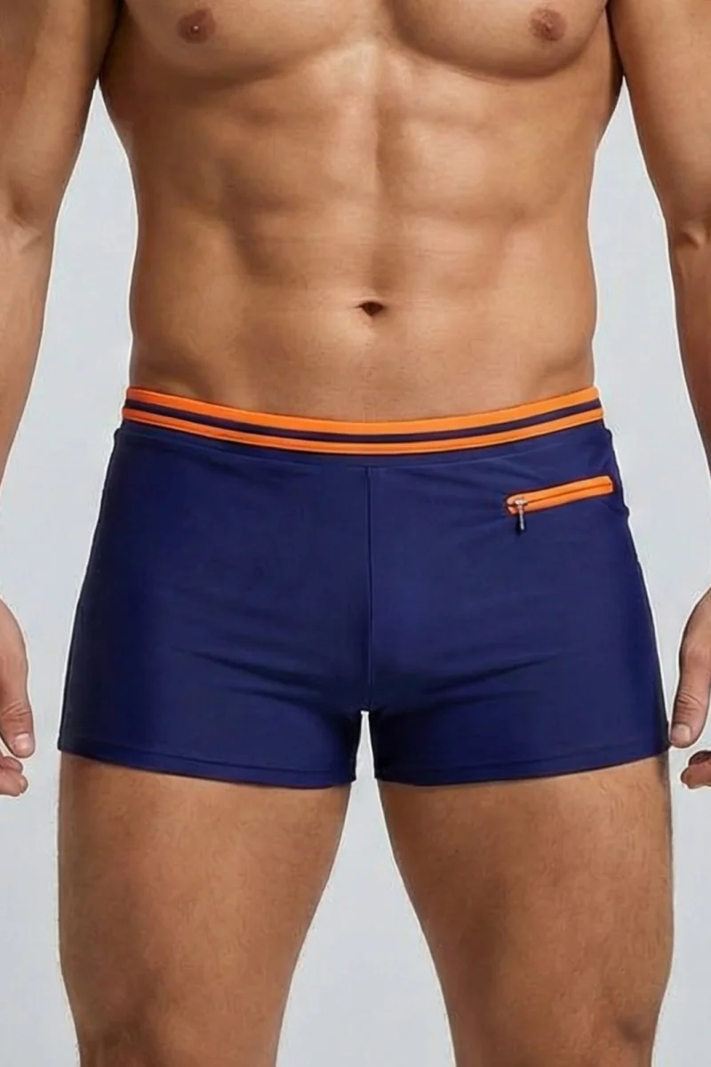 Slip de baie barbati boxeri, snur si buzunar cu fermoar bleumarin orange Q325