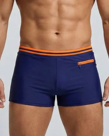 Slip de baie barbati boxeri, snur si buzunar cu fermoar bleumarin orange Q325