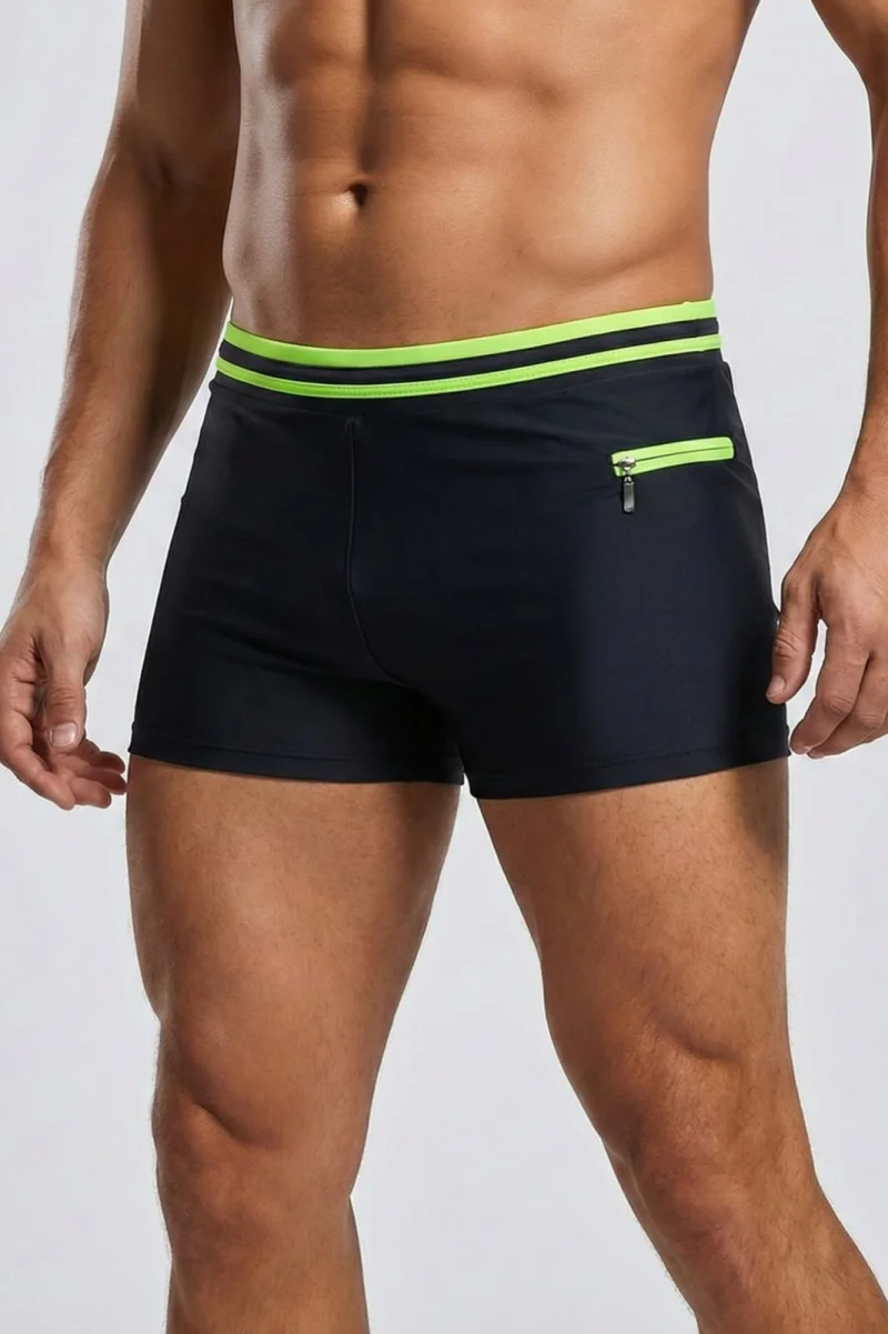 Slip de baie barbati boxeri, snur si buzunar cu fermoar negru neon Q325
