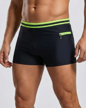 Slip de baie barbati boxeri, snur si buzunar cu fermoar negru neon Q325