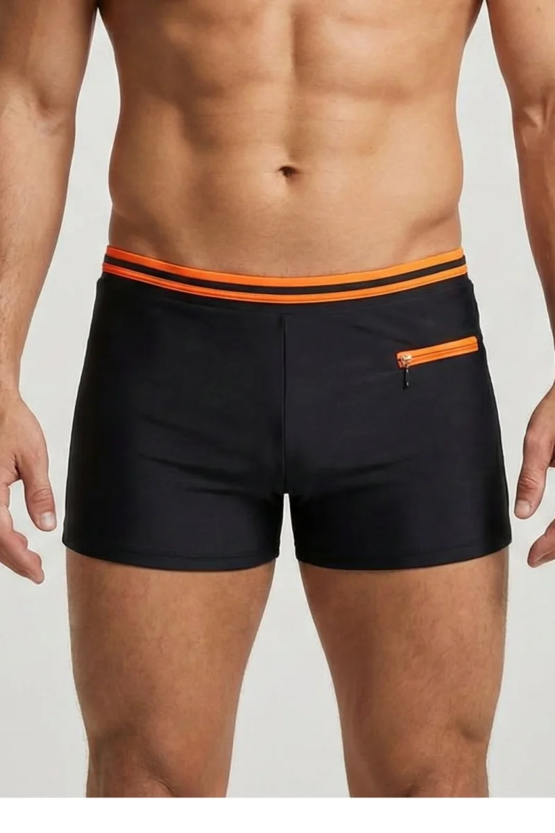 Slip de baie barbati boxeri, snur si buzunar cu fermoar negru orange Q325