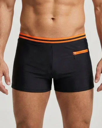 Slip de baie barbati boxeri, snur si buzunar cu fermoar negru orange Q325