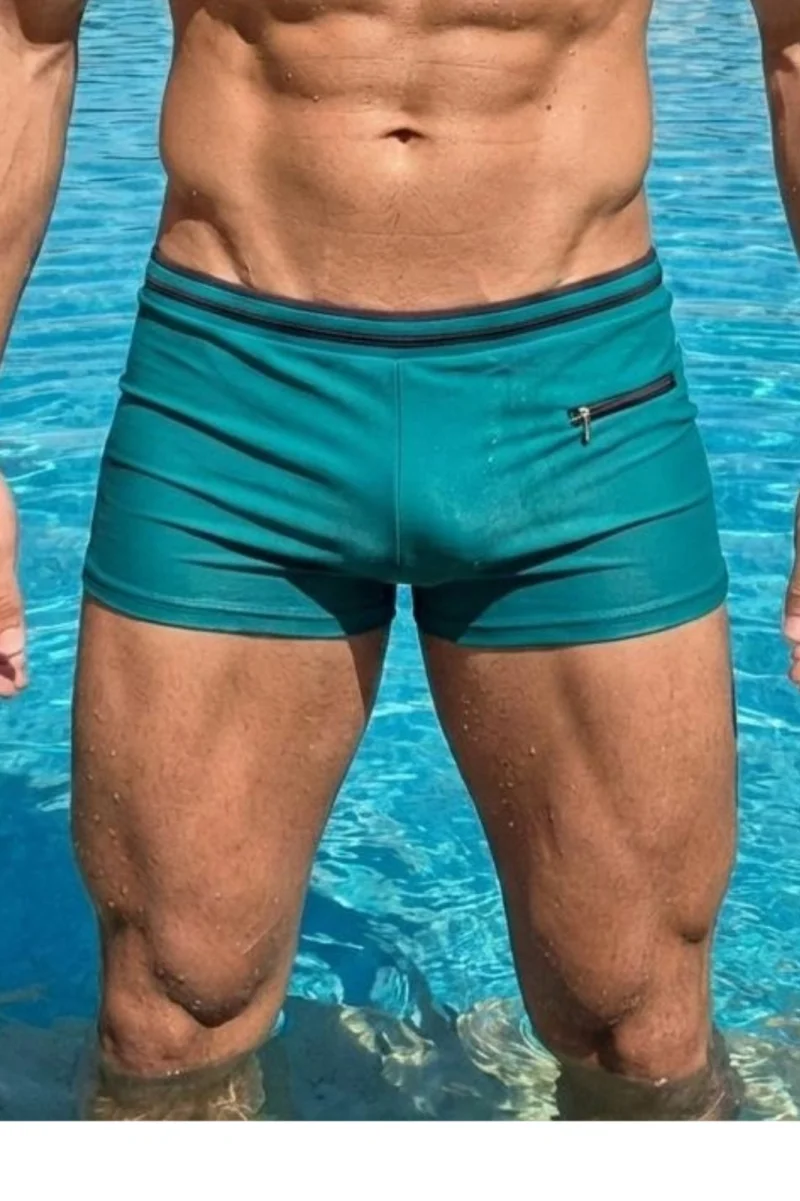 Slip de baie barbati boxeri, snur si buzunar cu fermoar verde Q325