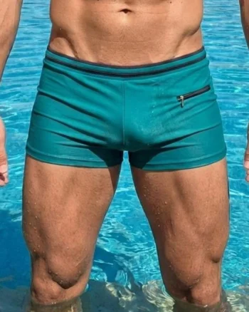 Slip de baie barbati boxeri, snur si buzunar cu fermoar verde Q325