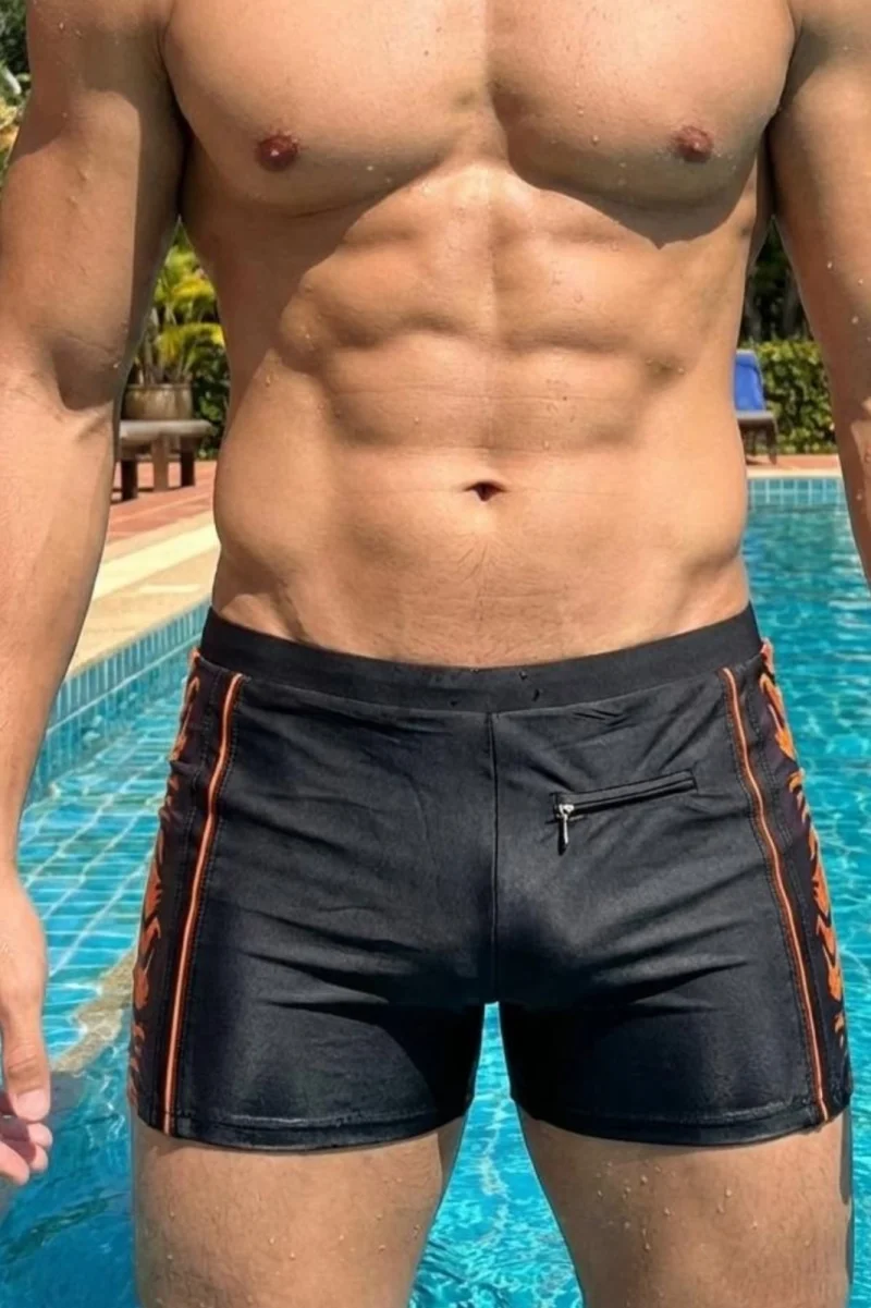 Slip de baie barbati boxeri, snur si buzunar cu fermoar negru orange q333
