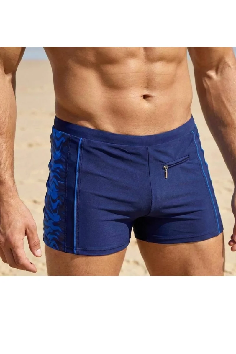 Slip de baie barbati boxeri, snur si buzunar cu fermoar bleumarin q333