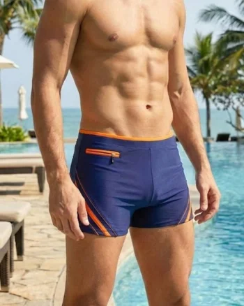 Slip de baie barbati boxeri, snur si buzunar cu fermoar bleumarin orange q306