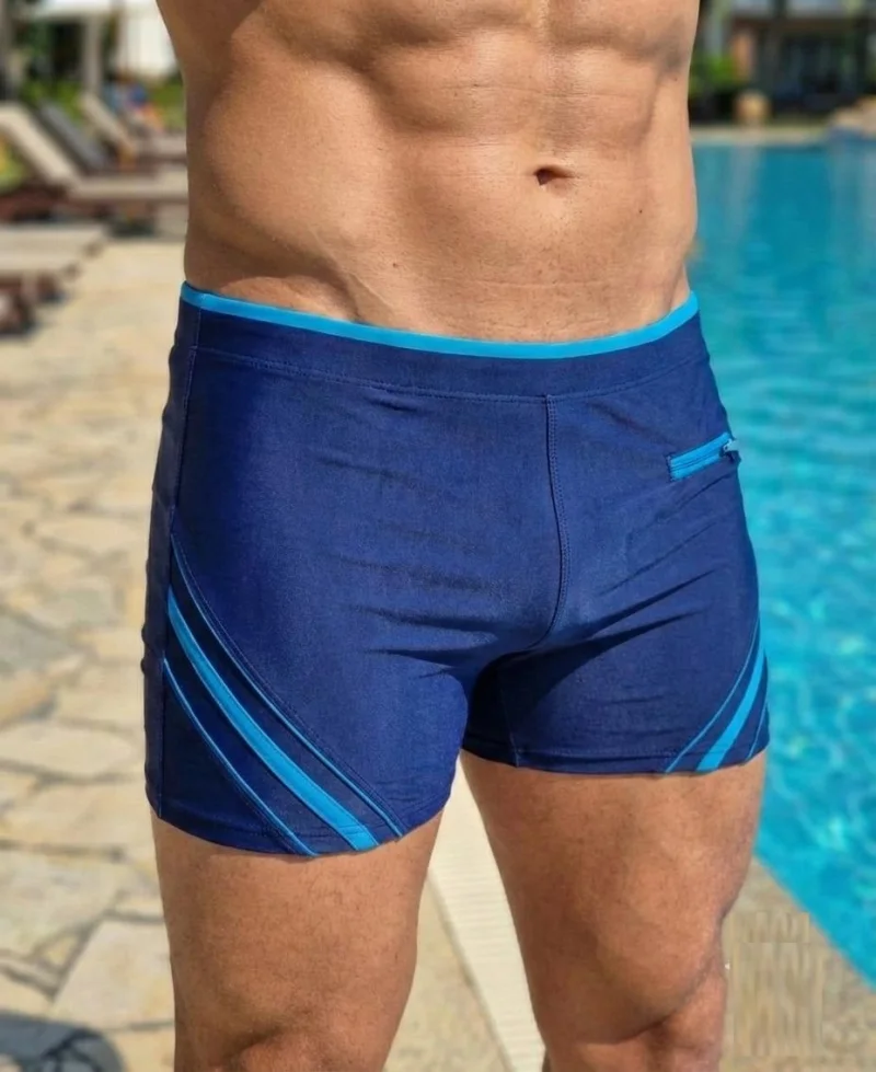 Slip de baie barbati boxeri, snur si buzunar cu fermoar bleumarin bleu q306