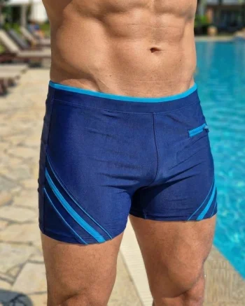 Slip de baie barbati boxeri, snur si buzunar cu fermoar bleumarin bleu q306