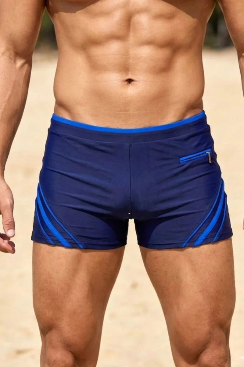 Slip de baie barbati boxeri, snur si buzunar cu fermoar bleumarin albastru q306