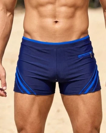 Slip de baie barbati boxeri, snur si buzunar cu fermoar bleumarin albastru q306