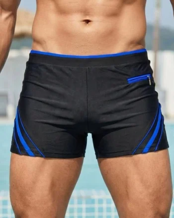 Slip de baie barbati boxeri, snur si buzunar cu fermoar negru albastru q306