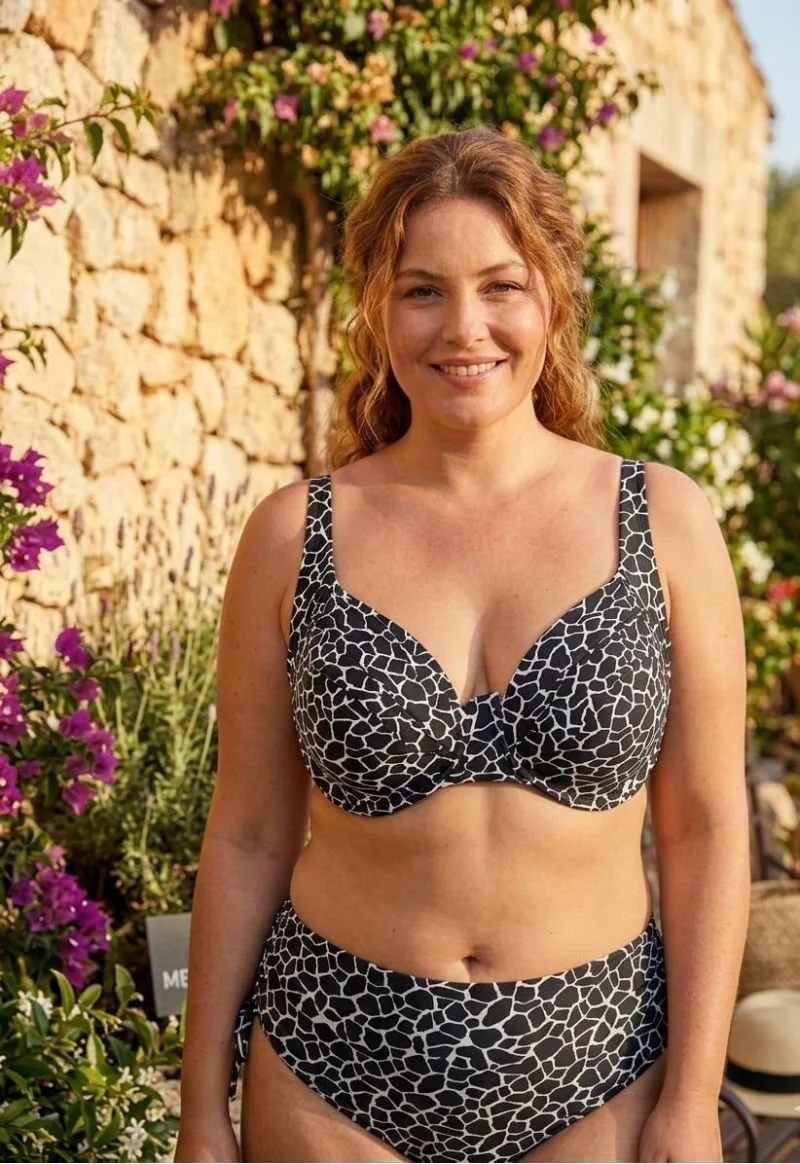 Costum de Baie din Doua Piese, Talie Inalta si Sutien cu Sustinere, Imprimeu Geometric Alb-Negru
