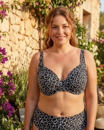 Costum de Baie din Doua Piese, Talie Inalta si Sutien cu Sustinere, Imprimeu Geometric Alb-Negru
