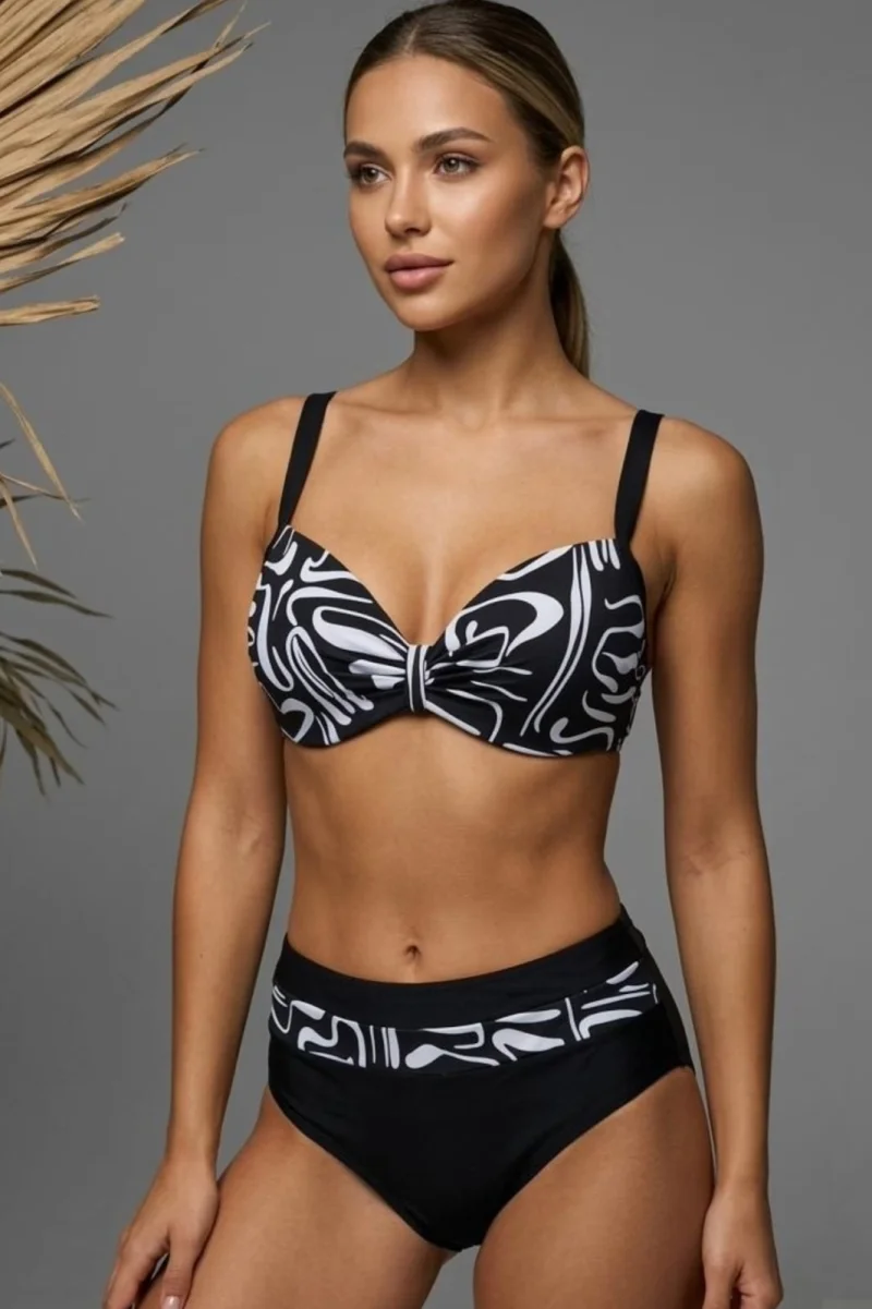 Costum de Baie Elegant din Doua Piese, Talie Inalta si Imprimeu Abstract Alb-Negru y9102