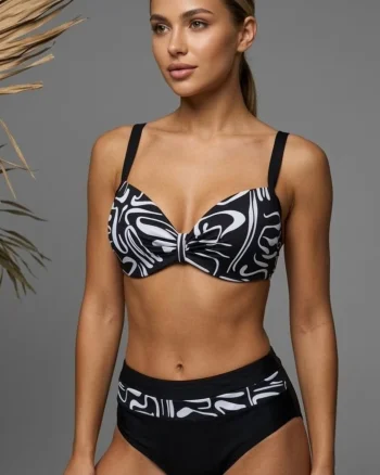 Costum de Baie Elegant din Doua Piese, Talie Inalta si Imprimeu Abstract Alb-Negru y9102