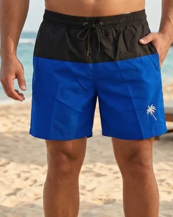 Sort de baie marime mare barbati, pantalon scurt, buzunare, material care respinge apa M0679 albastru