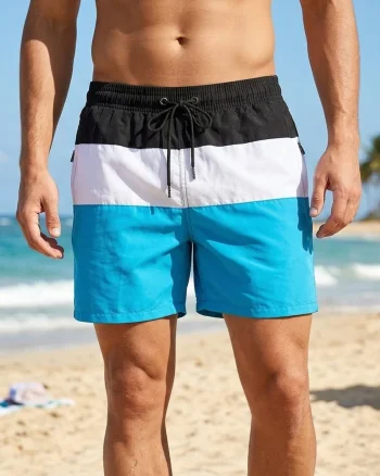 Sort de baie barbati, tip pantalon scurt, cu buzunare, material care respinge apa bleu M0674