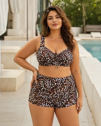 Costum de baie dama 2 piese marimi mari  cu Pantaloni Scurti si Bustiera animal print f2505