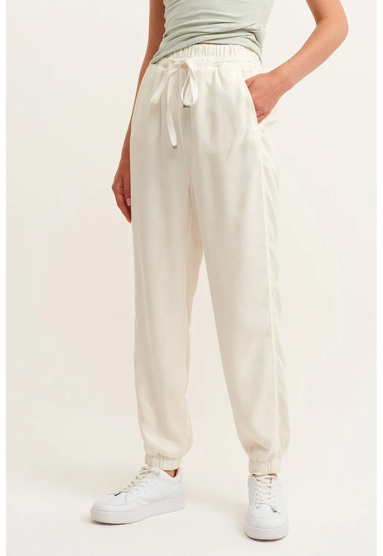 Pantaloni de trening cu talie inalta, Alb fildes