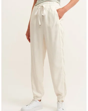Pantaloni de trening cu talie inalta, Alb fildes