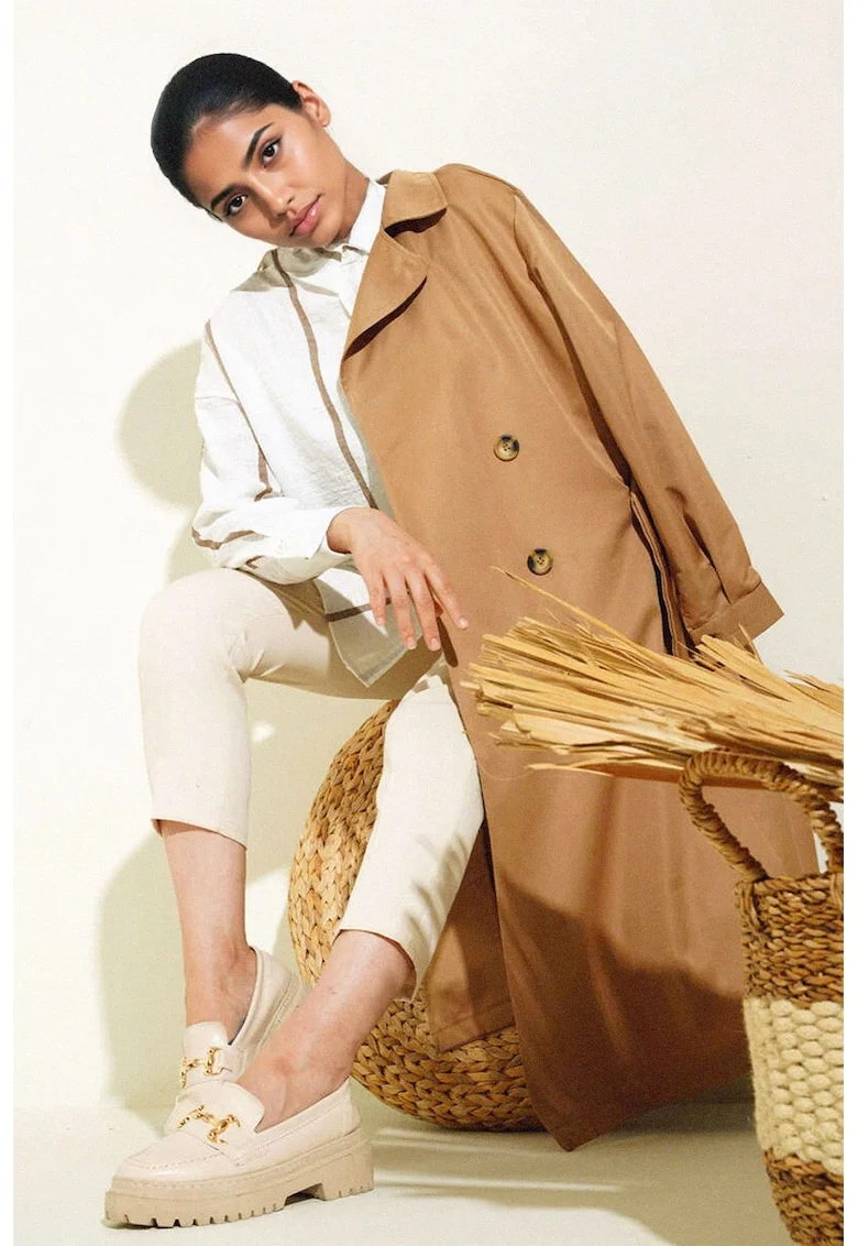 Palton dama BigDart trench lung, 2 randuri de nasturi, textil, Bronz natural,