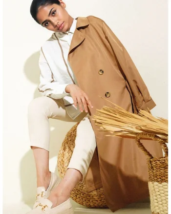 Palton dama BigDart trench lung, 2 randuri de nasturi, textil, Bronz natural,