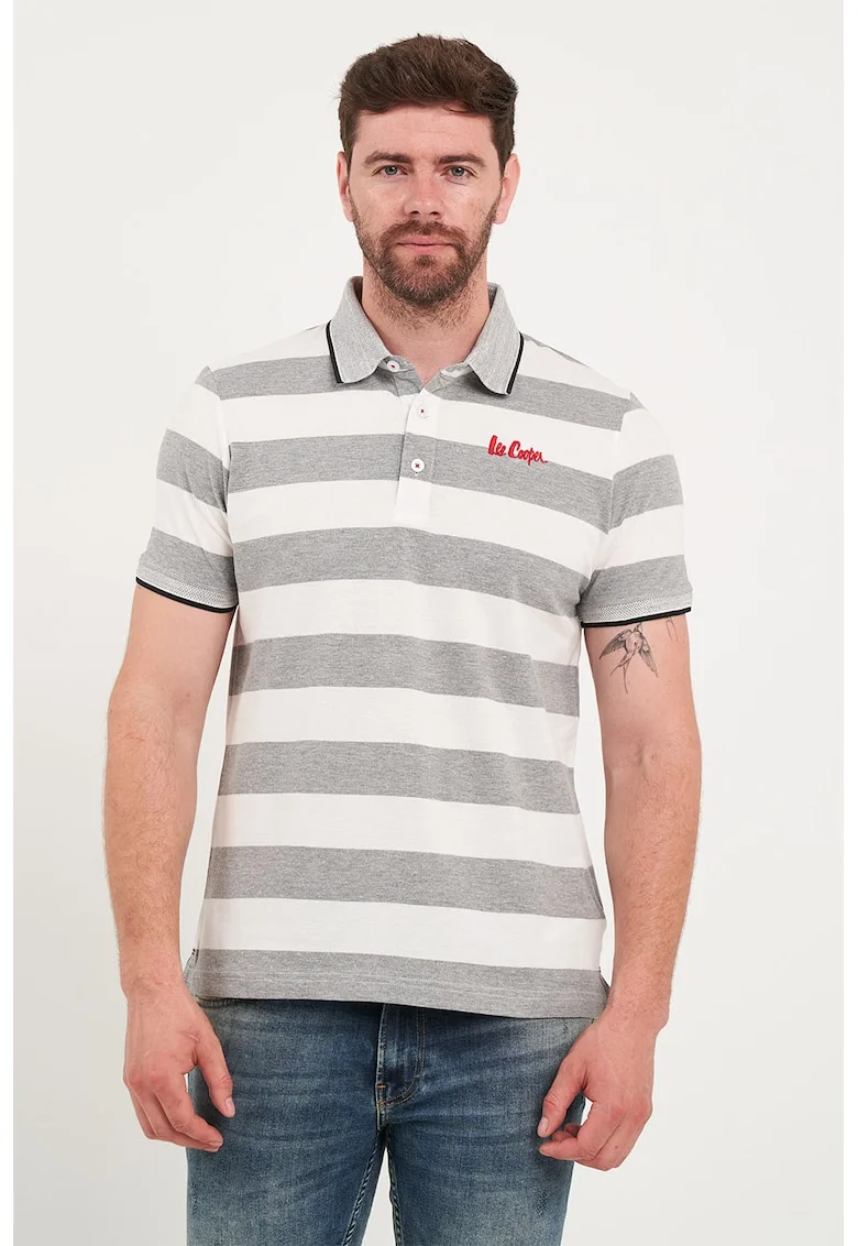 Tricou polo de bumbac cu model in dungi, Gri melange/Alb murdar
