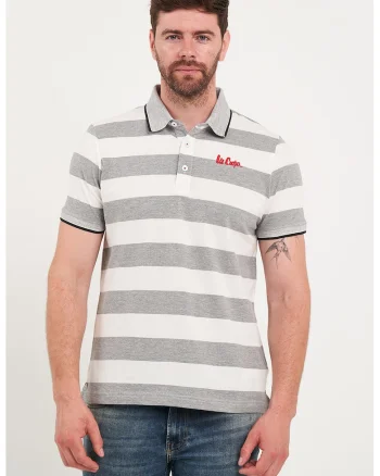 Tricou polo de bumbac cu model in dungi, Gri melange/Alb murdar