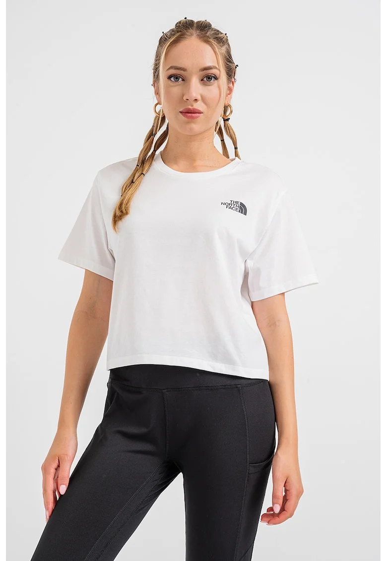 Tricou crop cu imprimeu logo, Alb
