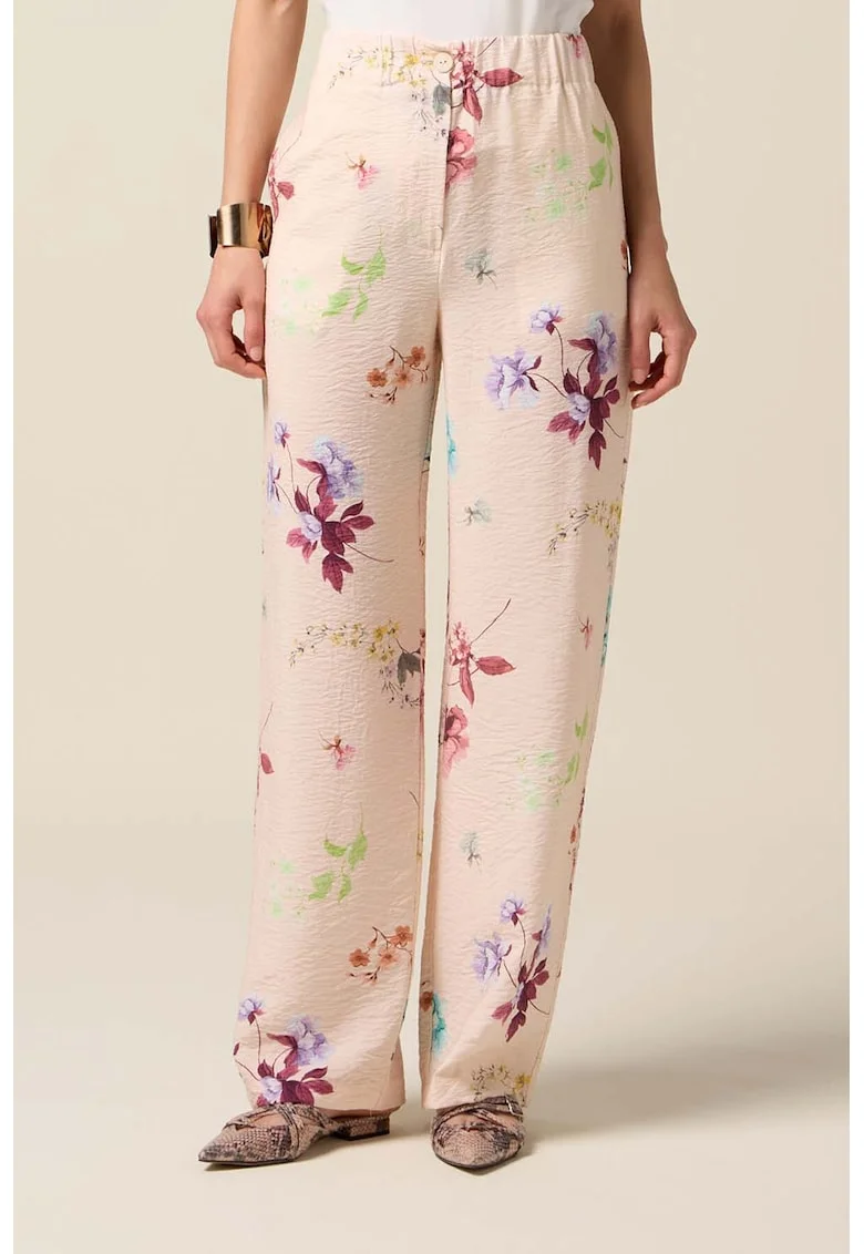 Pantaloni drepti cu model floral, Visiniu/Bej deschis