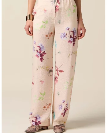 Pantaloni drepti cu model floral, Visiniu/Bej deschis