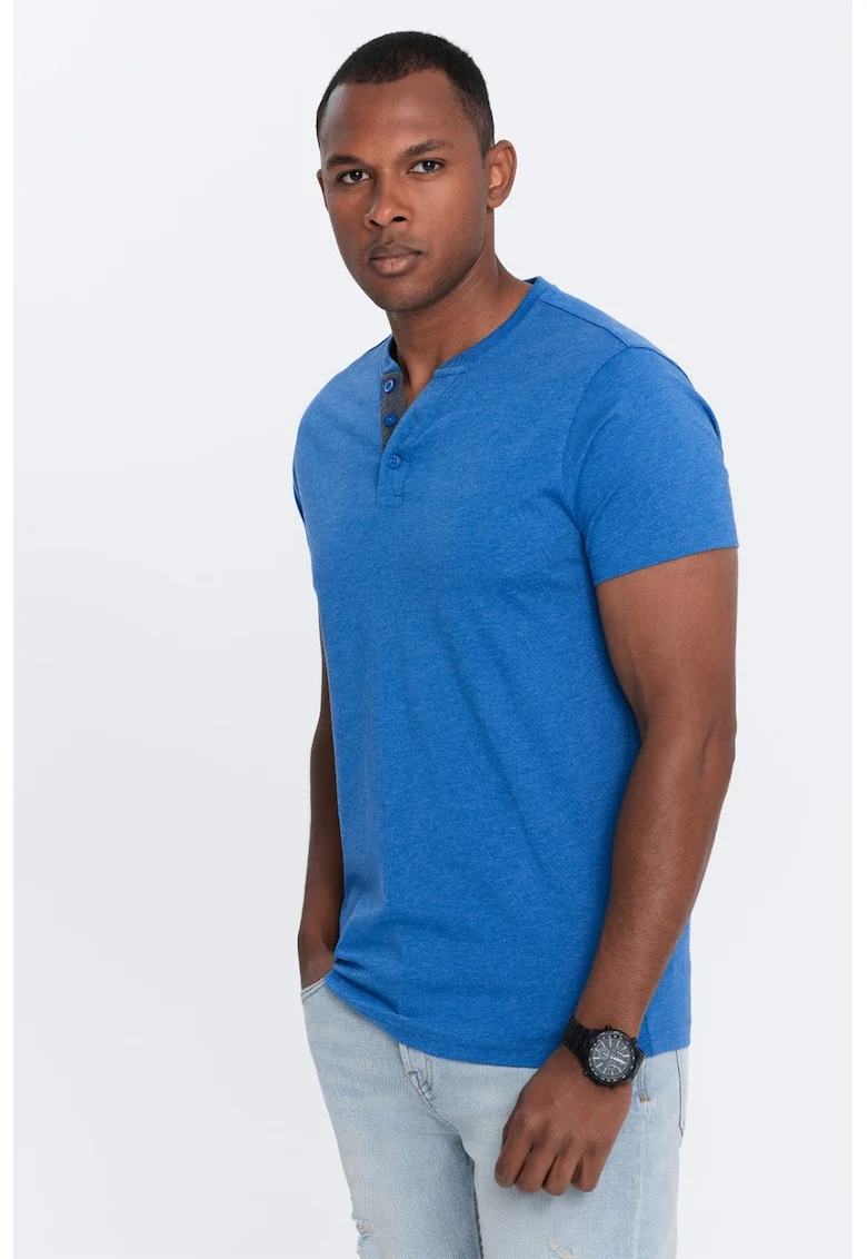 Tricou cu model uni si decolteu henley, Albastru royal
