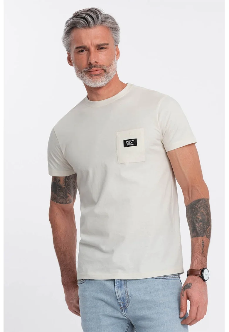 Tricou cu decolteu la baza gatului si buzunar pe piept, Alb fildes