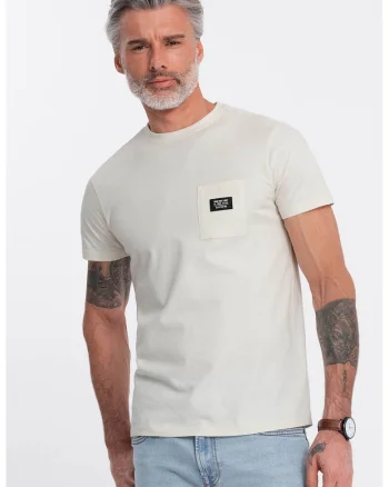 Tricou cu decolteu la baza gatului si buzunar pe piept, Alb fildes