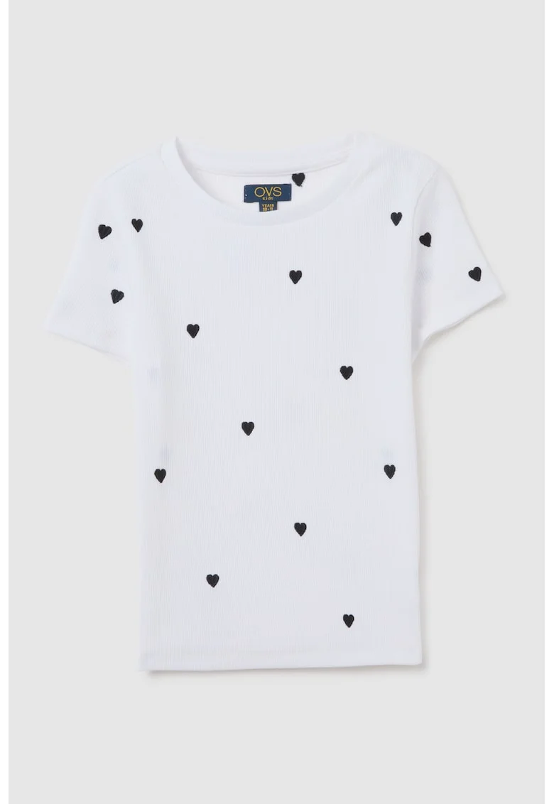 Tricou din amestec de bumbac cu imprimeu si decolteu rotund, Negru/Alb optic