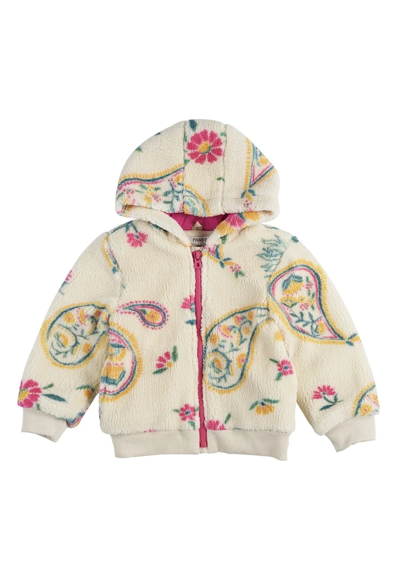 Jacheta cu gluga Teddy, fermoar roz si imprimeu  - Flexible, Ecru, pentru fetite, Ecru