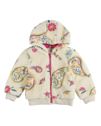 Jacheta cu gluga Teddy, fermoar roz si imprimeu  - Flexible, Ecru, pentru fetite, Ecru