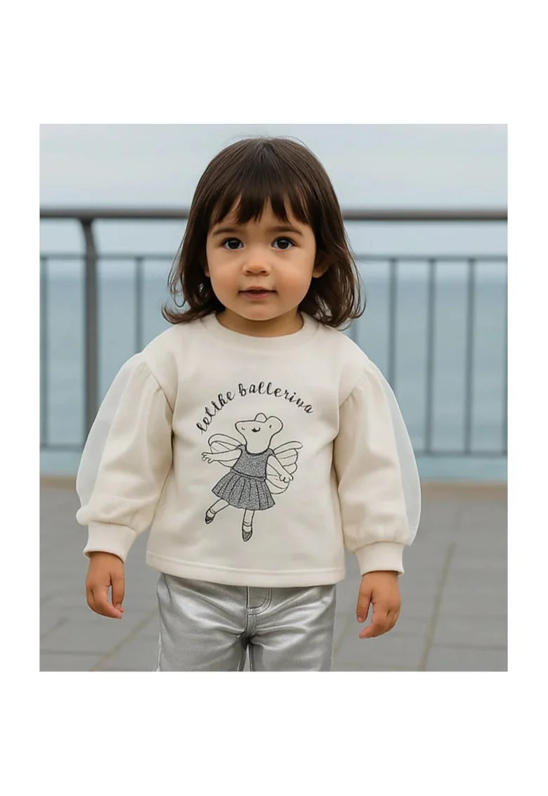 Bluza cu maneca lunga si tull, model soricel,  - Little Ballerina, Ecru, pentru fetite, Ecru