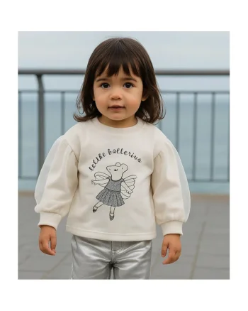 Bluza cu maneca lunga si tull, model soricel,  - Little Ballerina, Ecru, pentru fetite, Ecru