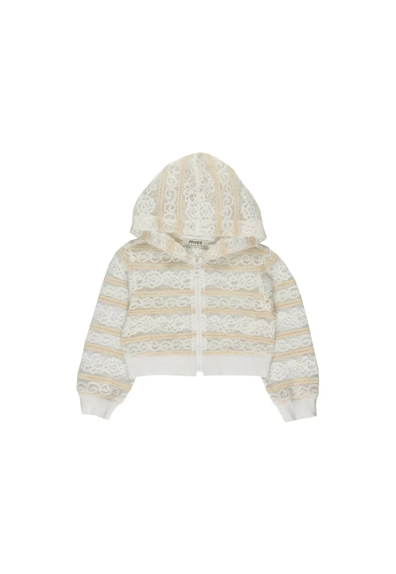 Jacheta crop din tesatura cu dantela  - Lace Effect, Dungi Alb si Bej, pentru fetite, Alb