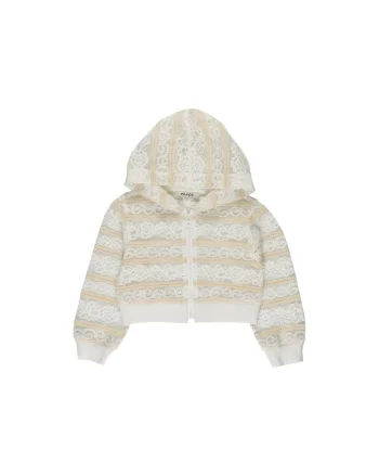 Jacheta crop din tesatura cu dantela  - Lace Effect, Dungi Alb si Bej, pentru fetite, Alb
